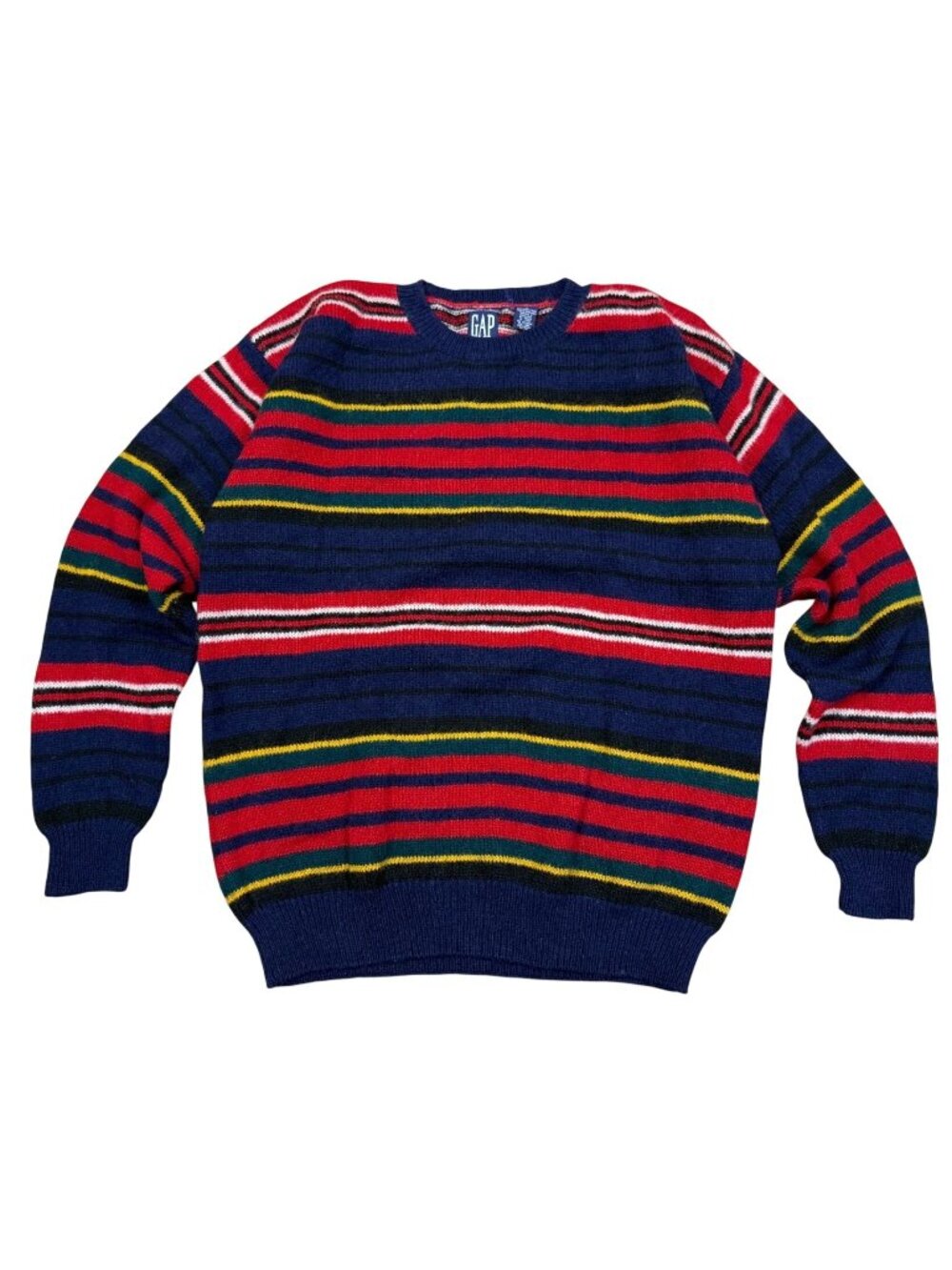 Vintage 90s GAP Striped Wool Sweater Mens Large Navy Red Yellow Green Preppy Cre
